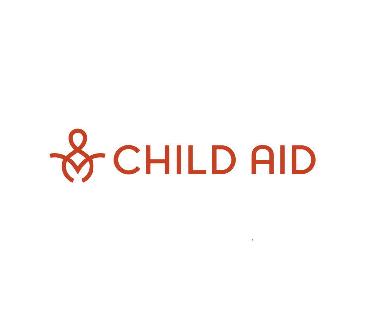 Child Aid logo - "Child Aid" is in orange letters with the abstract symbol of a child with open arms.