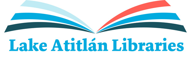 Lake Atitlán Libraries logo - resembling a book opening with 6 total pages. The pages are various shades of blue except for the top right one, which is red. The words Lake Atitlán Libraries is below in a coordinated shade of blue.